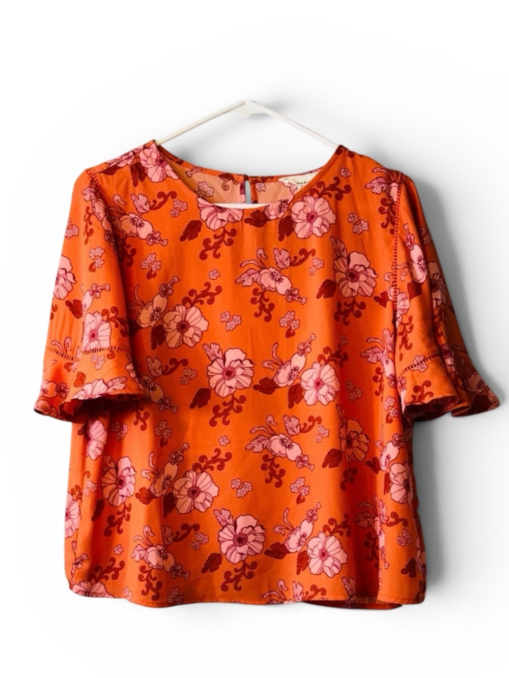 June & Hudson Blouse Tangerine Floral Feminine Boho Bell Sleeve Ruffle Sz L NWT‎